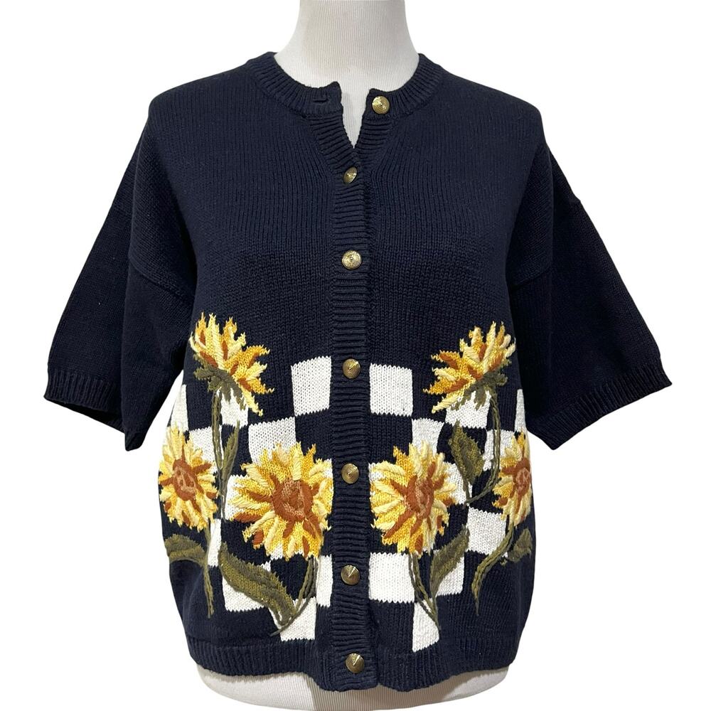 Vintage 90s Women’s Cardigan Sweater Sunflowers Navy Blue Gold Buttons Sz Large